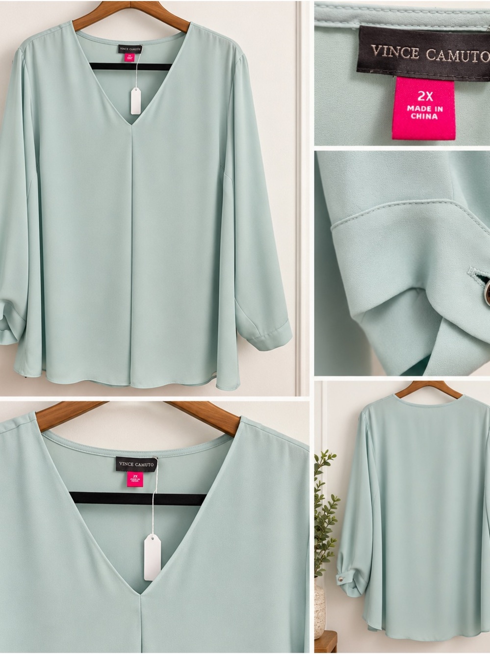 Vince Camuto Women’s 2X Mint Green V-Neck Long Sleeve Blouse